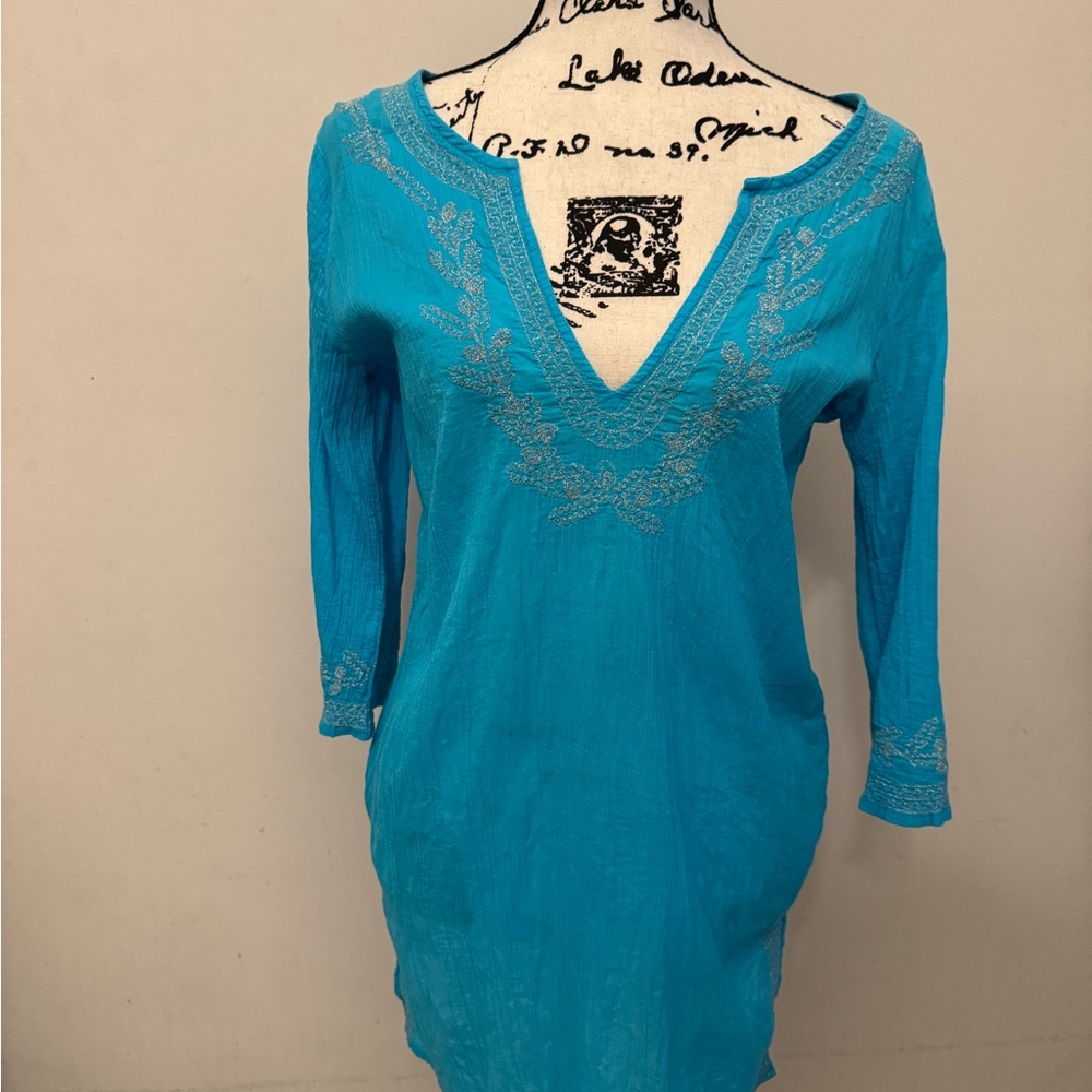 Old Navy Bright Turquoise Embroidered V-Neck Tunic
